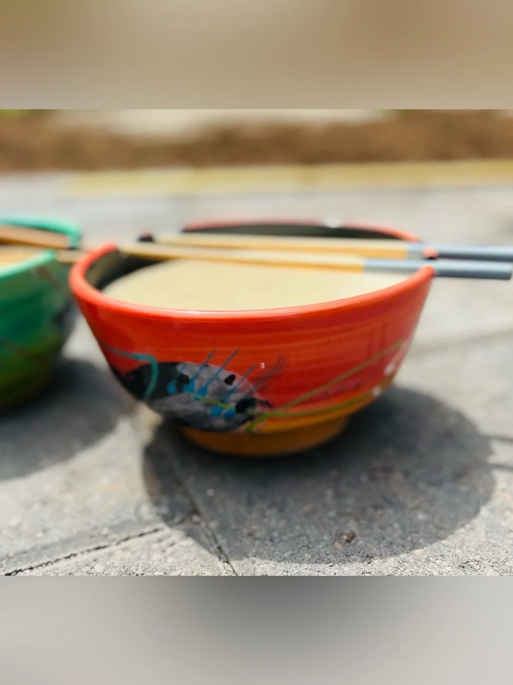Handmade Ramen Bowl Set — Teal & Red, Artist Signe